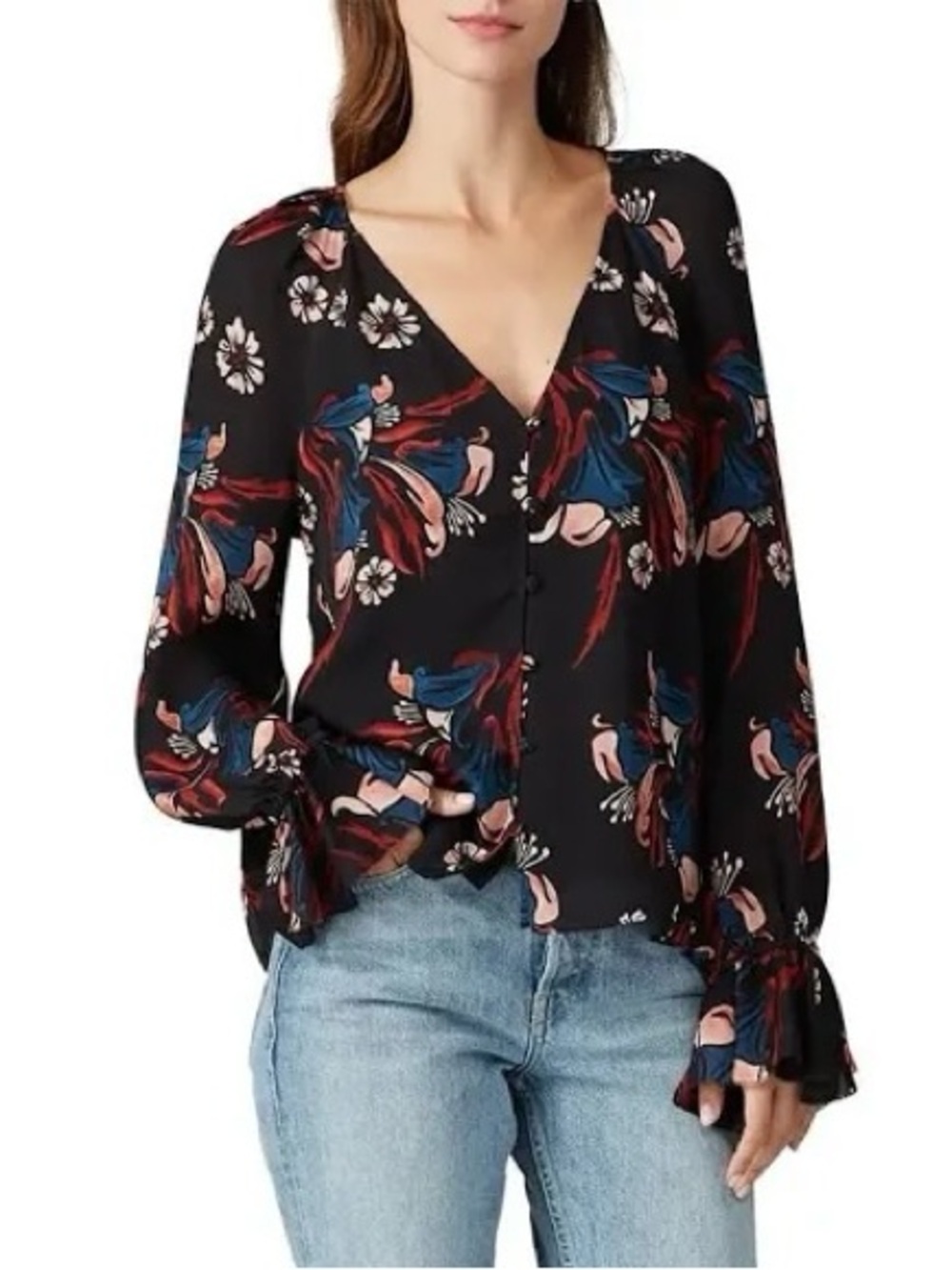 Joie Black Floral V-Neck Button-Front Blouse with Red & Blue Accents